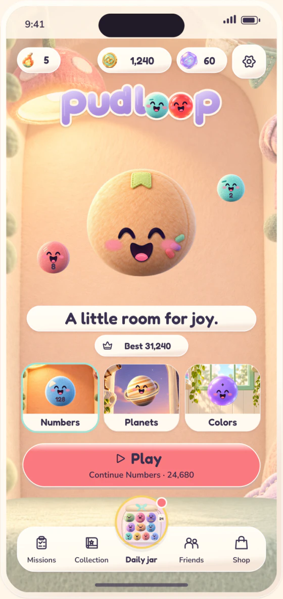 Pudloop home screen: Mup and the Numbers, Planets and Colors rooms