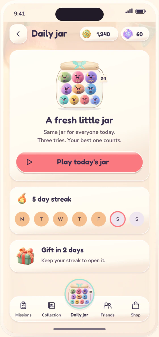 Daily jar screen: a fresh little jar, a 5 day streak and a gift in 2 days